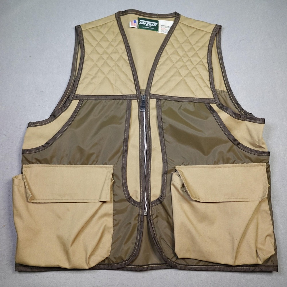 Vintage Saf-T-Bak Hunting Vest Mens L Tan Green Canvas Nylon Game Pouch USA Made